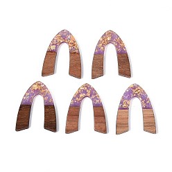 Средний Фиолетовый Подвески из непрозрачной смолы и орехового дерева, арочные прелести, с блестящей пудрой и золотой фольгой, средне фиолетовый, 38x28.5x3 мм, отверстие : 2 мм