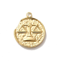 Весы 304 подвески из нержавеющей стали, текстурированный плоский круглый с подвеской в виде созвездий, реальный 14 k позолоченный, Весы, 17.5x15x2 мм, отверстие : 1.8 мм