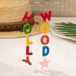 Разноцветный Акриловые серьги болтаться, слово холли вуд, слева и справа, платина, красочный, 174x37 мм