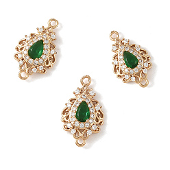 Sea Green 3Pcs Brass Micro Pave Cubic Zirconia Links Connectors, Long-Lasting Plated, Teardrop, Light Gold, Sea Green, 20x12x5mm, Hole: 1.4mm
