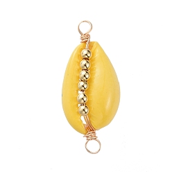 Yellow Spray Paint Cowrie Shell Links, with Golden Plated Copper Wire and Brass Beads, Yellow, 29~32x13~14x7~9mm, Hole: 2.3~3mm