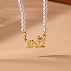 Number Женские ожерелья из круглого белого бисера с имитацией жемчуга и подвеской в виде короны в виде года рождения, золотые, число 1992, 14.96 дюйм (38 см)