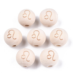 Leo Unfinished Natural Wood European Beads, Large Hole Beads, Laser Engraved Pattern, Round with Constellation, Leo, 15~16x14~15mm, Hole: 4mm