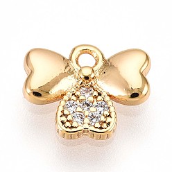 Настоящее золото 18K Латунные микропаве прозрачные подвески с фианитом, клевер, без кадмия, без никеля и без свинца, реальный 18 k позолоченный, 7.2x9.1x1.9 мм, отверстие : 1 мм