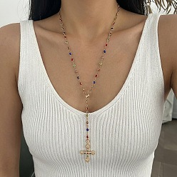 Золотой Религиозный кулон в виде креста из сплава, Латунные разноцветные цепочки-лариаты с звеньями из стекла для женщин, золотые, 25.98 дюйм (66 см)