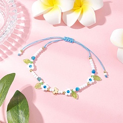 Deep Sky Blue Flower Handmade Millefiori Glass Bead Braided Bead Bracelets, Adjustable Nylon Thread Bracelets for Women, Deep Sky Blue, Inner Diameter: 1-5/8~3-1/2 inch(4.1~89.5cm)