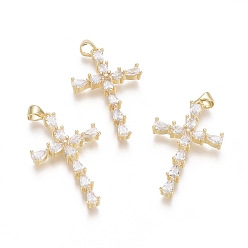 Золотой Латунные микропаве прозрачные подвески с фианитом, крестик, золотые, 34.5x21.5x4.5 мм, отверстие : 3.5x4.5 мм
