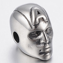 Antik Silber Farbe 316 chirurgische Edelstahlperlen, Menschenkopf, Antik Silber Farbe, 13x7.5x10 mm, Bohrung: 2.2 mm