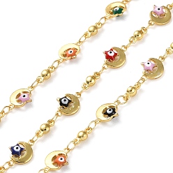 Mixed Color Evil Eyes Theme Brass Enamel Link Chains, Real 18K Gold Plated, Soldered, with Spools, Long-Lasting Plated, Moon & Star, Mixed Color, 13x7.5x2.7mm