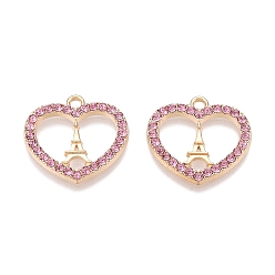 Розовый Стойки подвески обшивки сплава, со стразами, Сердце с Эйфелевой башни, светло-розовый, 17.5x18.5x1.5 мм, отверстие : 1.6 мм