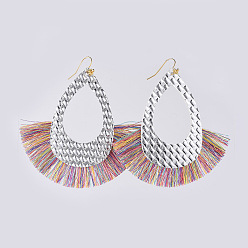 Silver PU Leather Dangle Earrings, with Nylon Tassel and Brass Earring Hooks, Teardrop, Golden, Silver, 83mm, Pin: 0.7mm