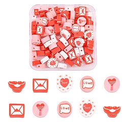Rot 100 handgefertigte Polymer Clay Perlen, flach rund mit Wort Liebe & Herz, Mund und Buchstabe, rot, 5.5~9.5x9~11x4~5 mm, Bohrung: 1.6 mm