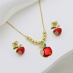 Яблоко Комплекты из ожерелий и серег-гвоздиков из сплава эмали, золотые, яблоко, 12x11 мм и 500 мм