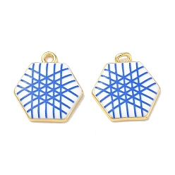 Royal Blue Printed Brass Pendants, Hexagon with Stripe Charms, Rack Plating, Long-Lasting Plated, Lead Free & Cadmium Free, Real 18K Gold Plated, Royal Blue, 22.5x21x3.5mm, Hole: 2.5mm