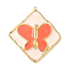 Льняное Полотно 304 подвески из нержавеющей стали, с эмалью, ионное покрытие (ip), ромб с подвеской-бабочкой, реальный 18 k позолоченный, белье, 38x35x3.5 мм, отверстие : 1.5 мм