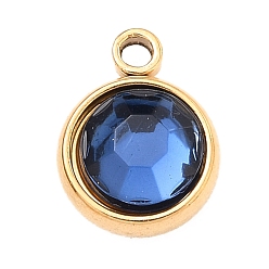Капри Синий 304 прелести нержавеющей стали, с акриловыми стразами, очарование камня, граненые, плоско-круглые, золотые, Капри синий, 10x8x4 мм, отверстие : 1.3 мм
