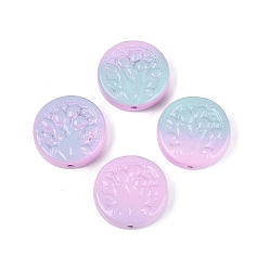 Light Cyan Two Tone Color Baking Paint Opaque Glass Beads, Flat Round with Flower Pattern, Light Cyan, 20x6~6.5mm, Hole: 1.4~1.6mm