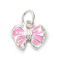 Bowknot 925 подвески из стерлингового серебра с жемчужно-розовой эмалью, с прыжковых колец, серебряный цвет гальваническим, бантом, 12x10x2.5 мм, отверстие : 3.5 мм
