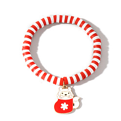 Christmas Socking Рождественские 304 браслеты из нержавеющей стали с эмалированными подвесками, Браслеты из полимерной глины, бусины хейши, эластичные для женщин, красные, рождественские носки с белкой, 6.89 дюйм (17.5 см)
