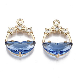 Royal Blue Faceted Transparent Glass Pendants, with Brass Crystal Rhinestone Findings, Flat Round with Star, Light Gold, Royal Blue, 21x15x5mm, Hole: 1.4mm