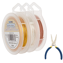 Mixed Color 3 Rolls 3 Colors Round Copper Craft Wire, Long-Lasting Plated, with 1Pc Iron Chain Nose Pliers, Mixed Color, 22 Gauge(0.6mm), about 10m/roll, 1 roll/color