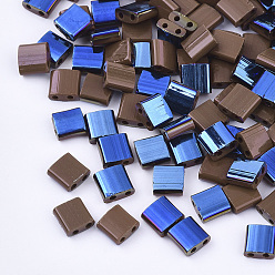 Coconut Brown FGB 2-Hole Glass Seed Beads, Half Blue Plated Colours, Square, Coconut Brown, 5x4.5~5.5x2~2.5mm, Hole: 0.5~0.8mm, about 1180pcs/bag