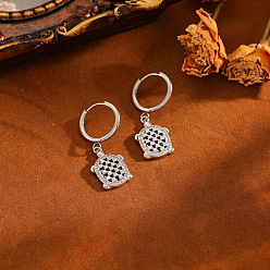 Plata Pendientes colgantes de latón con microengaste de circonitas cúbicas transparentes y diseño de carey para mujer, Pendientes de aro de acero inoxidable, plata, 304 mm