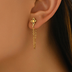 Real 18K Gold Plated Fashionable 201 Stainless Steel Flower Stud Earrings, Chain Charm, Real 18K Gold Plated, 35x6mm