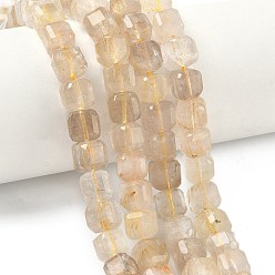 Rutilated Кварц Природного золота Rutilated кварцевые нити бисера, граненый стол, вырезанный куб, 7.5~9.5x7.5~9.5x7.5~9.5 мм, отверстие : 0.8~1.2 мм, около 45~46 шт / нитка, 14.96~15.47 дюйм (38~39.3 см)
