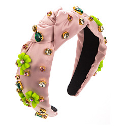 Pink Resin Clover & Glass Rhinestone Hair Bands, Wide Twist Knot Cloth Hair Accessories for Women Girls, Pink, 130x155mm