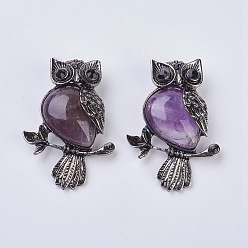 Аметист Gemstone подвеска, со сплавочной фурнитурой и стразами, сова, 50x35x7.5~9 мм, отверстие : 5x8 мм