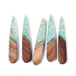 Средний Бирюзовый Подвески из непрозрачной смолы и орехового дерева, слезинки, с блестящей пудрой и золотой фольгой, средне бирюзовый, 44x7.5x3~3.5 мм, отверстие : 1.6 мм