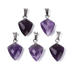 Аметист Подвески из натурального аметиста , гранёные подвески в виде стрел, с защелкой из нержавеющей стали на поручнях, цвет нержавеющей стали, 17~19x10.5~11.5x5~6 мм, отверстие : 5.5x3 мм