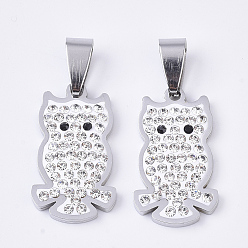 Stainless Steel Color 201 Stainless Steel Pendants, with Random Size Snap On Bails and Polymer Clay Crystal Rhinestones, Owl, Stainless Steel Color, 24x14x3mm, Hole: 8~10x3~5mm