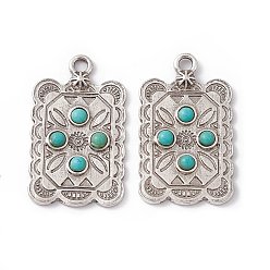 Antique Silver Synthetic Turquoise Pendants, Rectangle Charms, with Rack Plating Alloy Findings, Antique Silver, 33x19x3mm, Hole: 3mm