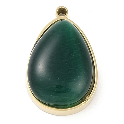 Настоящее золото 18K Подвески кошачий глаз, с ионным покрытием (ip) 304 выводы из нержавеющей стали, ручная полировка, слеза, темно-зеленый, реальный 18 k позолоченный, 22x14x7 мм, отверстие : 1.5 мм