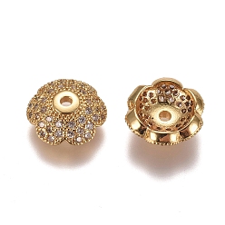 Golden 6-Petal Brass Micro Pave Clear Cubic Zirconia Bead Caps, Flower, Golden, 10x4mm, Hole: 1.2mm