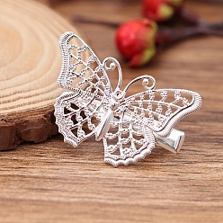 Серебро Латунные зажимы волос аллигатора, с железной фурнитурой, бабочка, серебряные, 29x41 мм