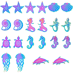 Mixed Shapes 22 шт. 11 стили ионного покрытия (IP) 201 подвески с травлеными металлическими украшениями из нержавеющей стали, Радуга цветов, очарование морских животных, разнообразные, 33~67x23~41.5x0.3 мм, отверстие : 1.2~1.4 мм, 2 шт / стиль