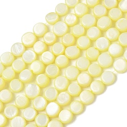 Yellow Natural Freshwater Shell Coin Beads Strands, Dyed, Flat Round, Yellow, 6~6.5x2.5mm, Hole: 0.8mm, about 66pcs/strand, 14.96 inch(38cm)