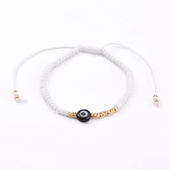 Белый Регулируемые нейлоновые шнур плетеный браслеты из бисера, со стеклянными бисеринами, сглаз бусины лэмпворк и латунные бусины, золотые, белые, внутренний диаметр: 1-7/8~3-3/8 дюйм (4.8~8.5 см)