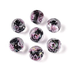Черный Ручной работы бусины фольги, круглая с цветком, чёрные, 10 мм, отверстие : 1~1.2 мм