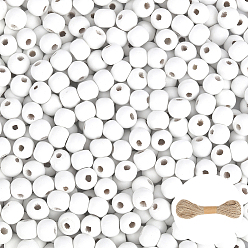 Blanc 600 pcs perles en bois naturel teint, avec cordon de jute 10m, ronde, blanc, 10x9mm, Trou: 3.5mm