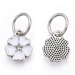 White Enamel Style Flower Alloy Rhinestone Charms, with Iron Findings, Antique Silver, White, 13.5x11x3mm, Hole: 6mm