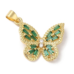 Зеленый Подвески из латуни и кубического циркония, без кадмия и без свинца, долговечный, реальный 18 k позолоченный, бабочка, зелёные, 20x22x3 мм, отверстие : 5x4 мм