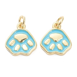 Light Blue Brass Enamel Pendants, Long-Lasting Plated, Real 18K Gold Plated, Dog Paw Prints, Light Blue, 13.5x12x2mm, Hole: 3mm