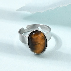 Tiger Eye Adjustable 304 Stainless Steel Finger Rings for Women, with Natural Tiger Eye, Oval, Stainless Steel Color, 17mm