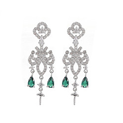 Platinum Brass Micro Pave Clear Cubic Zirconia Stud Earring Findings, for Half Drilled Beads, Nickel Free, Cloud, Platinum, 34x11mm, Pin: 0.5mm, pin: 0.6mm(for Half Drilled Beads)