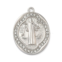 Нержавеющая Сталь Цвет 304 подвески из нержавеющей стали и страз, овал с амулетом святого Бенедикта, кристалл, цвет нержавеющей стали, 25.5x18.5x3 мм, отверстие : 1.6 мм
