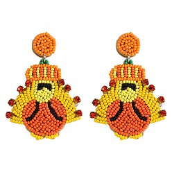 Темно-Оранжевый Литые эмаль болтаться серьги стержня, со стеклянным бисером, петух, темно-оранжевый, 65x44 мм
